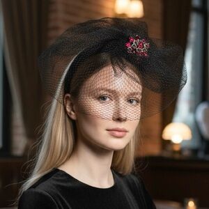 Taissa Lada Mesh Veil Fascinator Headband with Rhinestone Brooch